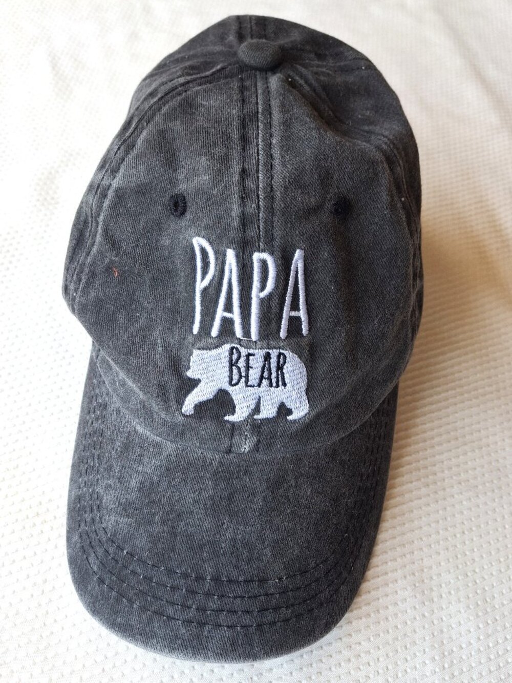 Grey denim baseball cap with "Papa Bear" embroidery; adjustable size